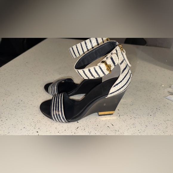 Tory Burch Black and White Striped Ankle Strap Heels - Picture 4 of 11